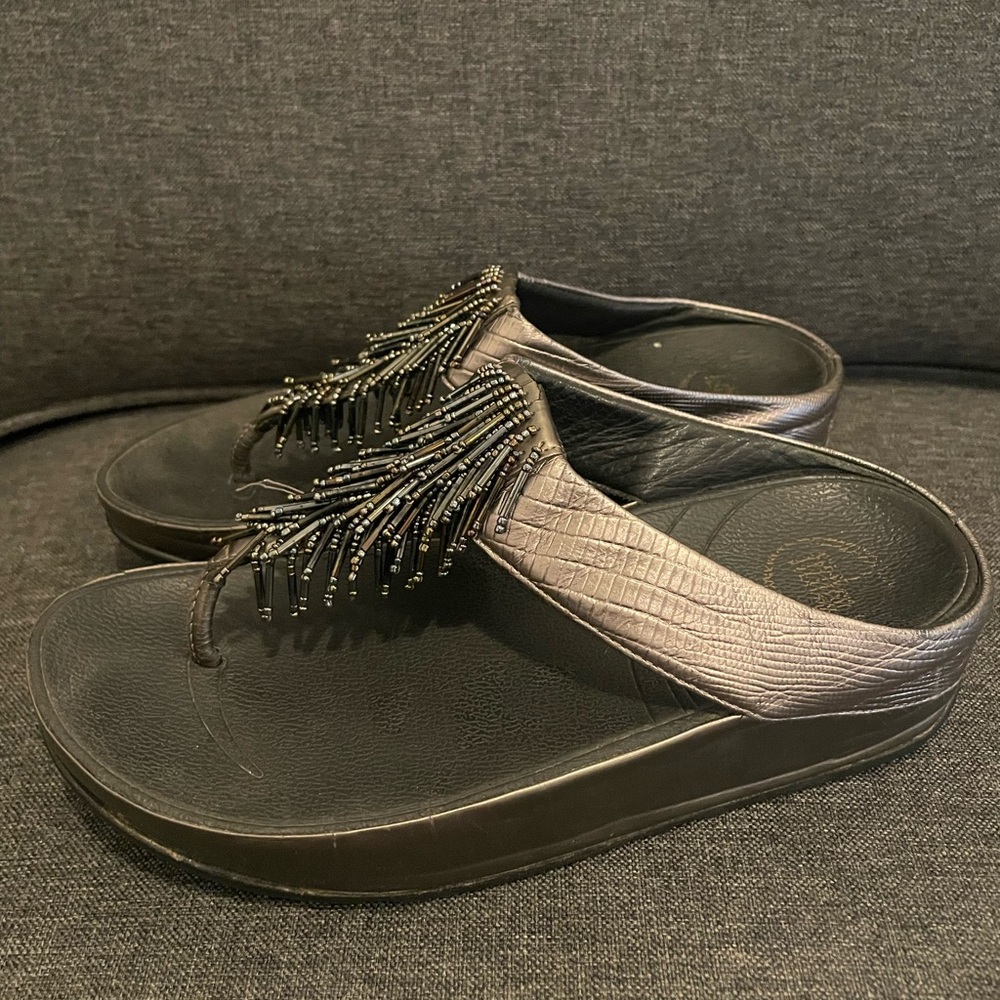 Fitflop pewter leather sandals slides wedge platform embellished beads US6 comfy